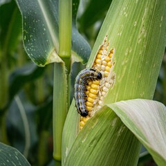 Fall Armyworm Eating Corn Closeup in Field Agricultural Pest Problem