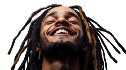 Joyful man with dreadlocks expressing happiness