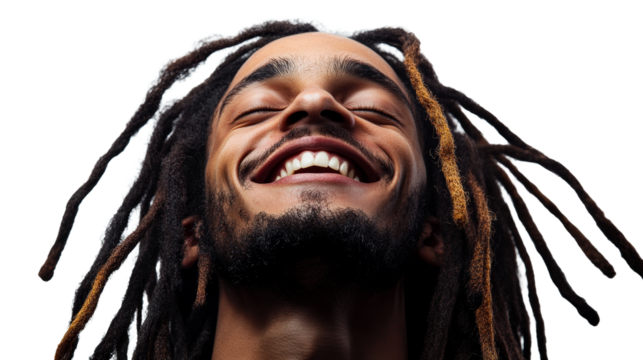 Joyful man with dreadlocks expressing happiness