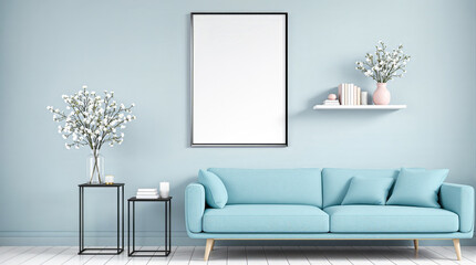 pastel-blue living room with light-blue sofa and empty frame