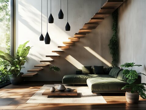 interior of living room with hanging lights, velvet sofa, indoor plants and floating staircase