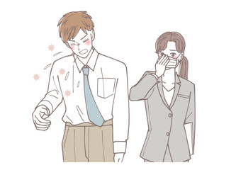 ウイルスを撒き散らしている男性にびっくりしている女性社員