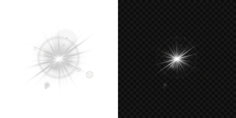 Obraz premium Light burst shines intensely, radiating luminous star energy. Lens reflection glows softly, perfect for modern web UI. Translucent flare adds smooth glow to elegant designs. Starry flash twinkles 