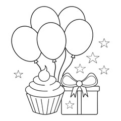 Black and White Illustration of Balloons, Cupcake, and Gift Box Celebrations