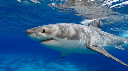 Naklejka premium Great white shark in clear ocean water