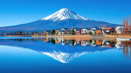 Majestic Mount Fuji Reflection in Lake Kawaguchi: Abstract Commercial Background for Creative Designs. AI-Generated High-Quality Illustration Ideal for Posters, Banners, and Digital Media. Iconic Japa