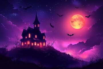 Fototapeta premium Haunted house, hilltop, night, full moon, Halloween