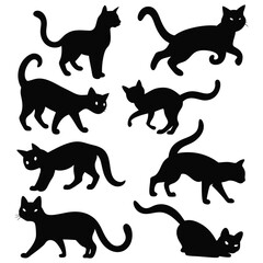 Set of Black Cat Silhouettes in Various Poses - Vector Animal Design