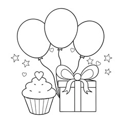 Black and White Illustration of Balloons, Cupcake, and Gift Box Celebrations