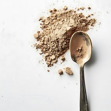 multani mitti powder in a small pile with a spoon beside