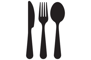 Simple black silhouette of a knife, fork, and spoon
