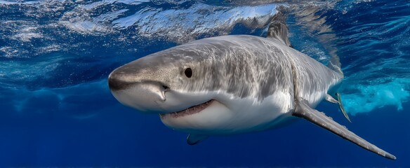 Naklejka premium Great white shark in deep blue ocean