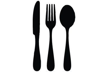 Simple black silhouette of a knife, fork, and spoon
