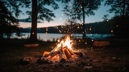 Lakeside campfire sparks at dusk, tranquil forest setting