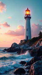 Obraz premium Lighthouse standing tall on rocky coast, seascapes, cliff, shoreline