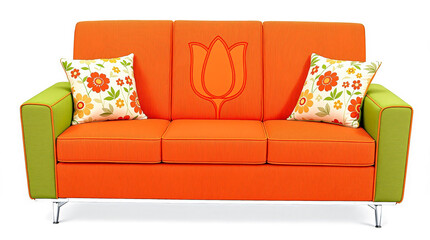 vibrant orange three-seater sofa with floral pillows and tulip emblem