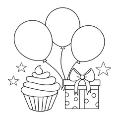 Black and White Illustration of Balloons, Cupcake, and Gift Box Celebrations