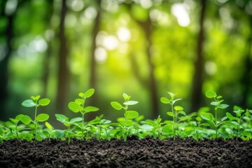 Fresh young sprouts emerge from fertile soil in a sunlit forest.