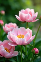 Fototapeta premium Pastel pink peonies in a garden with soft greenery, serenity, garden flowers, foliage