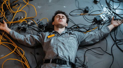 Electrician in work clothes lying on the floor, tangled in electrical cables, his body sprawled across the ground, a serious work accident scene in a commercial building