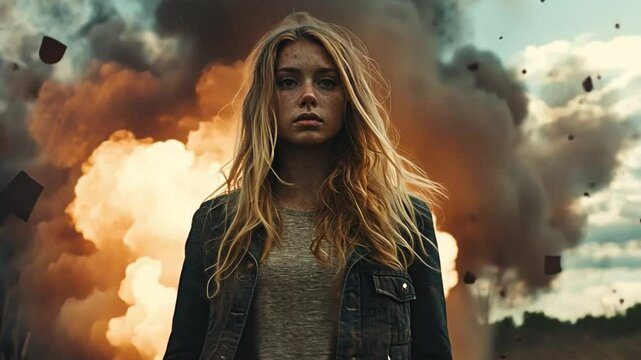 Resilient Survivor: A striking portrait captures a determined young woman standing defiant before an explosive, conveying strength, resilience, and a steely spirit in the face of adversity. 