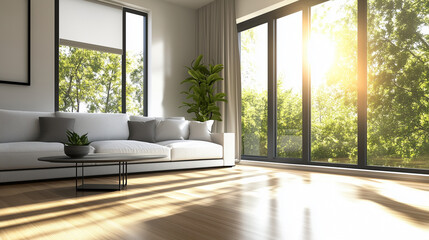 A beautifully lit contemporary living room with soft, neutral shades of beige and grey, warm wooden floors, large windows letting in the sunlight, and carefully curated modern furn