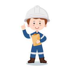 Smiling industrial engineer cartoon character holding clipboard and pointing up for idea or instruction concept. Vector illustration isolated on a white background.