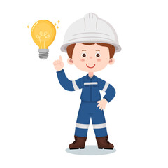 Cartoon industrial engineer smiling and pointing up with light bulb for new idea or innovation concept. Vector illustration isolated on a white background.