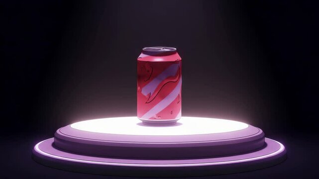 Red and white can on purple platform, suitable for beverage packaging, advertising, product placement, and branding mockups for corporate clients.