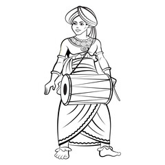 Sri Lankan traditional male drummer in black outline vector art