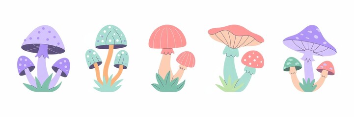 Pastel colored mushroom illustrations set