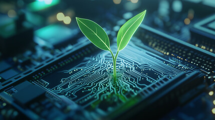 Green sprout sprouting from a computer chip in a close-up shot, symbolizing eco-friendly technology. Its roots intertwine with the chipâs circuits, representing the balance between