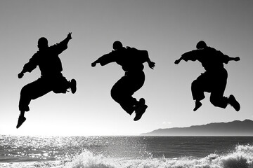 Parkour enthusiasts leap above the surf at sunset in a dynamic display of athleticism and skill