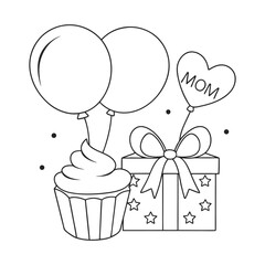 Black and White Illustration of Balloons, Cupcake, and Gift Box Celebrations
