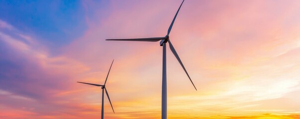Fototapeta premium Wind turbines against a colorful sunset sky.