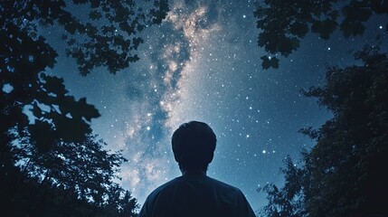 Fototapeta premium Silhouette of a Child Gazing at the Milky Way Under a Dark Night Sky
