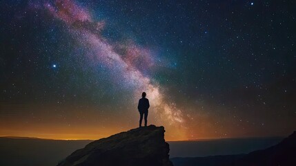 Fototapeta premium Silhouette Of A Man Contemplating A Starry Night Sky With The Milky Way Galaxy