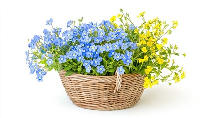 A basket of blue speedwell and forget-me-nots, accented with yellow rapeseed, sits on a white background.  Plenty of space is available for text.
 