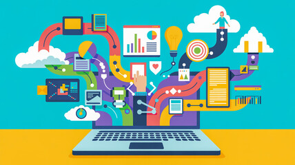 Colorful infographic icons bursting from a laptop screen, flat design style