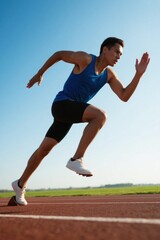 Obraz premium there is a man running on a track with a blue shirt