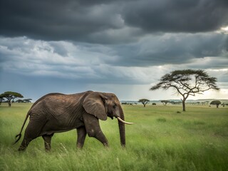 Naklejka premium Majestic African Elephant Walking Across the Savannah with Dramatic Sky and Acacia Trees