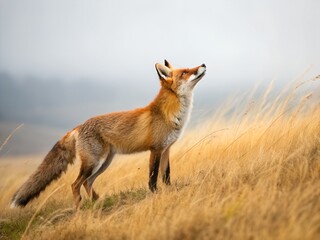 Fototapeta premium Majestic Red Fox Standing in a Serene Field with Its Head Raised Toward the Sky