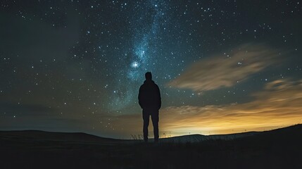 Obraz premium Silhouette of a Person Gazing at a Starry Night Sky