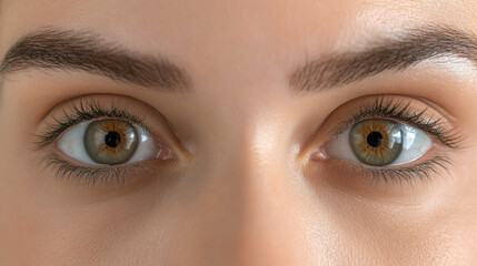 Obraz premium Close-up of human eyes with hazel irises, detailed eyelids, natural eyebrows, and subtle skin texture, showcasing eye color and facial symmetry in natural lighting