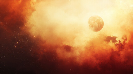Fototapeta premium Dramatic celestial scene featu a glowing full moon surrounded by vibrant orange and yellow clouds and glitte stars against a cosmic night sky