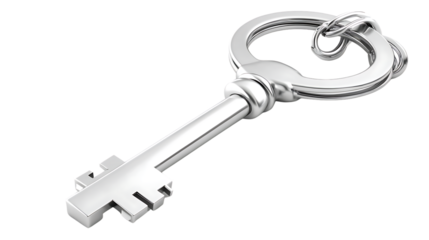 A silver key with intricate details placed on a white isolated background