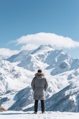 skier standing on top of a snowy mountain looking at a mountain