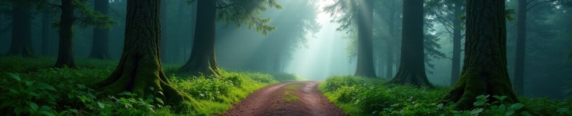 Obraz premium Foggy forest path winding through ancient firs, snowflakes, pine trees,