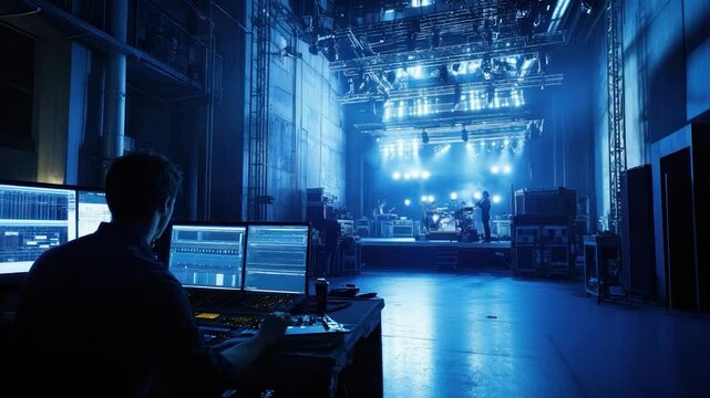 Engineer monitors concert sound backstage