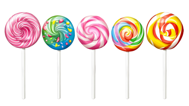 Colorful lollipops lined up on a white background